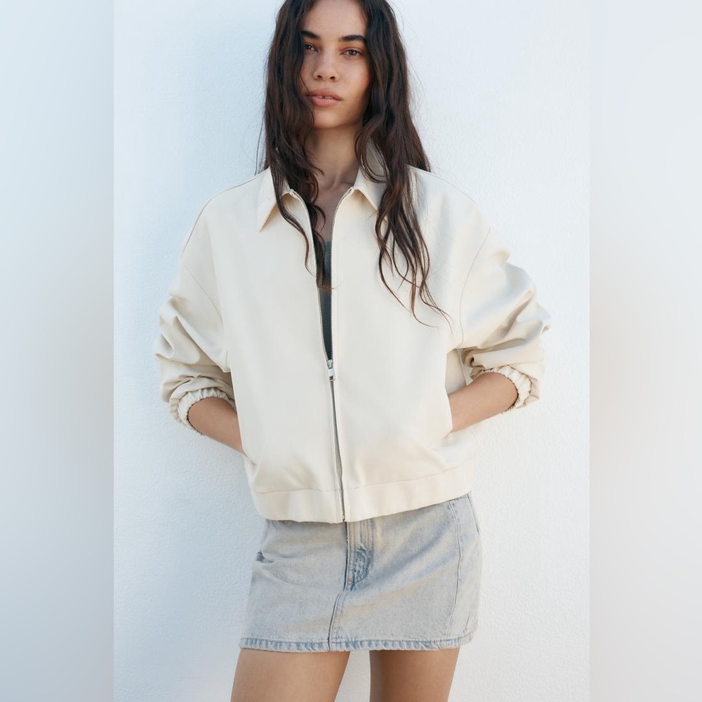 Zara bomber Jacket coat casual cream zip up collar - Picture 2 of 9